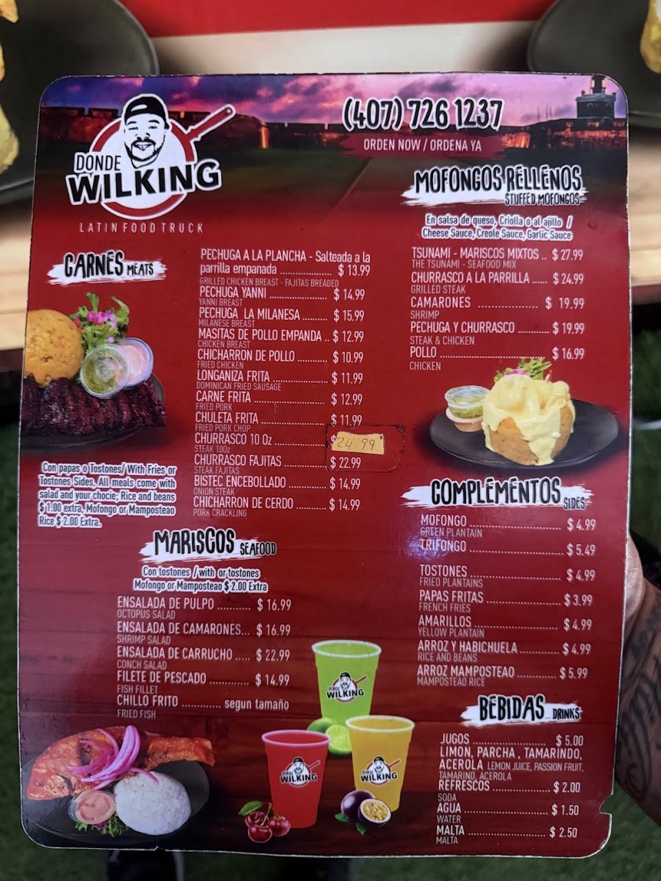 Printed menu showing meat, chicken, and chef yaroas.